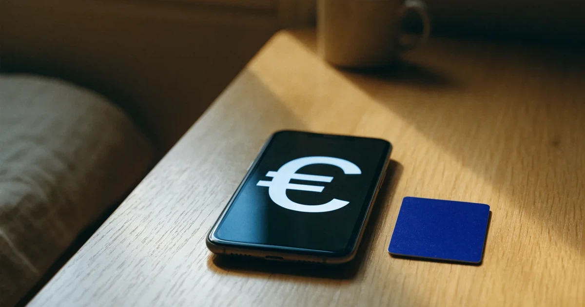 Eine Plastikkarte ohne Aufdruck liegt neben Münzen und einem Smartphone mit dunklem Display auf einem hellen Tisch.
