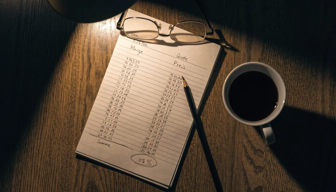 Ein Taschenrechner und ein Bleistift liegen auf einem Schreibtisch neben einer Tasse Kaffee im Licht einer Lampe.