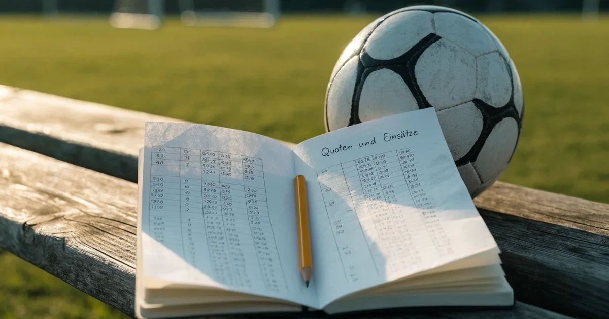 Ein Notizbuch mit handschriftlichen Zahlenkolonnen und ein Bleistift liegen neben einem Fußball auf einer Holzbank.