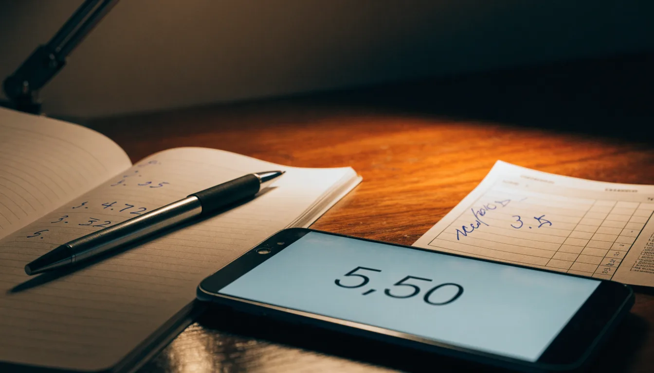 Ein Taschenrechner und ein aufgeschlagenes Notizbuch mit handschriftlichen Zahlenreihen liegen unter einer Schreibtischlampe.