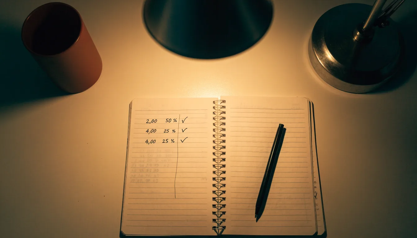 Ein Taschenrechner und ein aufgeschlagenes Notizbuch mit handschriftlichen Zahlenreihen liegen unter einer Schreibtischlampe.