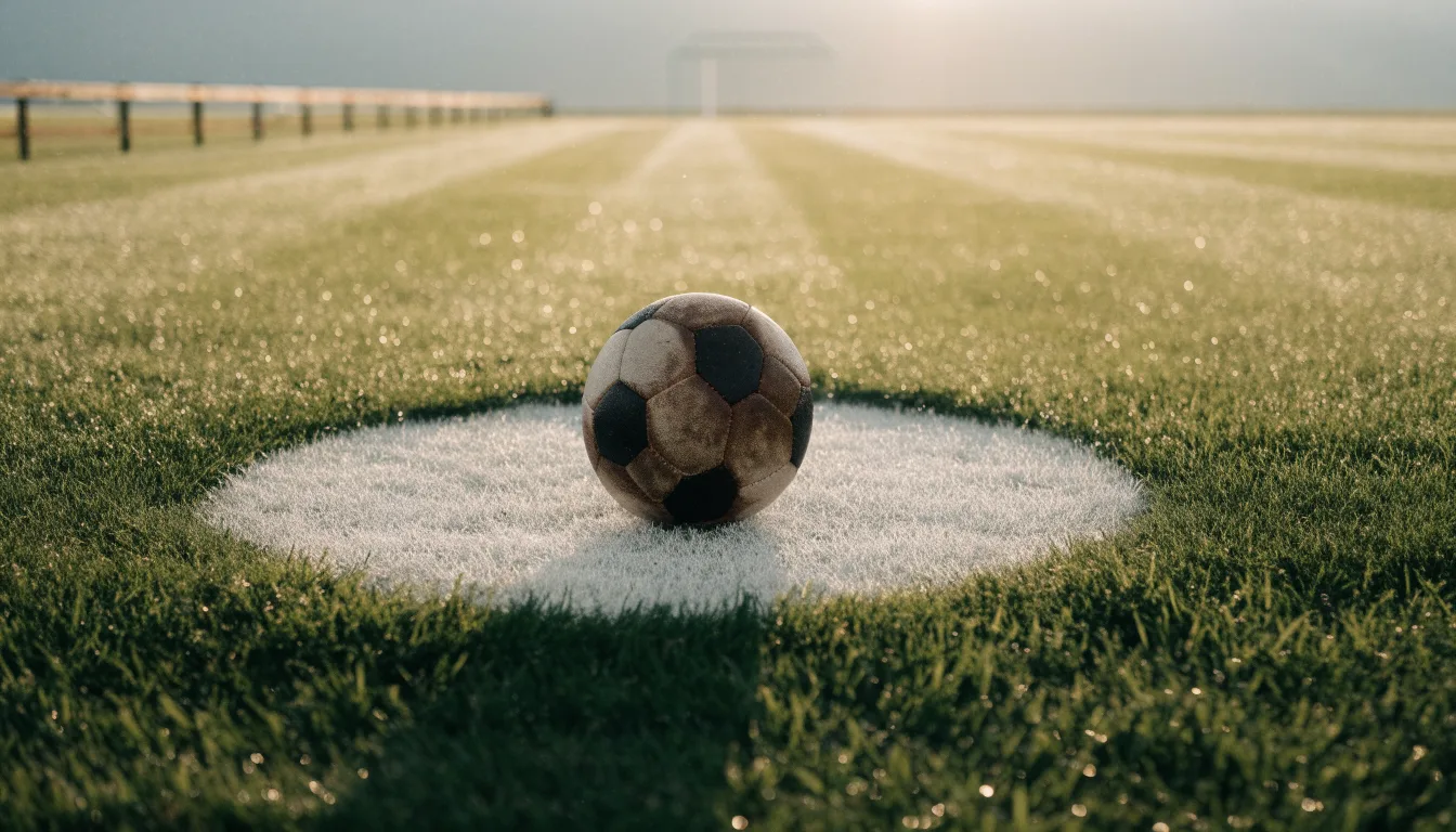 Ein Fußball liegt allein auf dem Anstoßpunkt eines leeren Rasenplatzes im Morgenlicht, am Rand ein niedriger Zaun.
