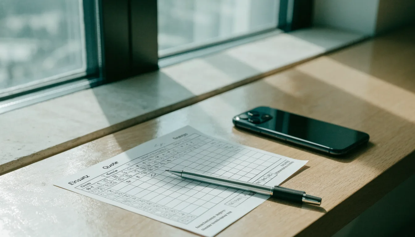Ein leerer Papier-Wettschein und ein Kugelschreiber liegen neben einem Smartphone mit dunklem Display auf einem Tisch am Fenster.