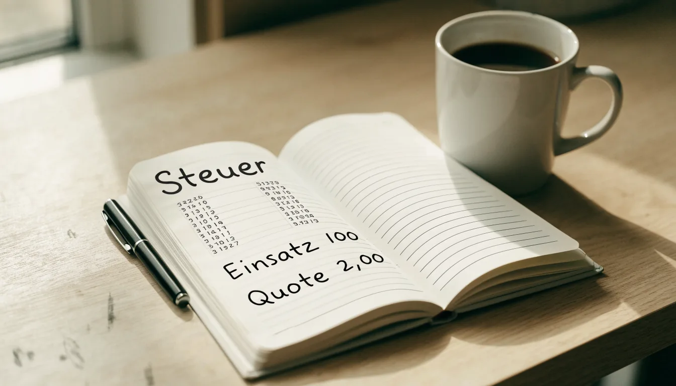 Ein Notizbuch mit handschriftlichen Rechnungen und ein Taschenrechner liegen auf einem hellen Schreibtisch neben einer Kaffeetasse.
