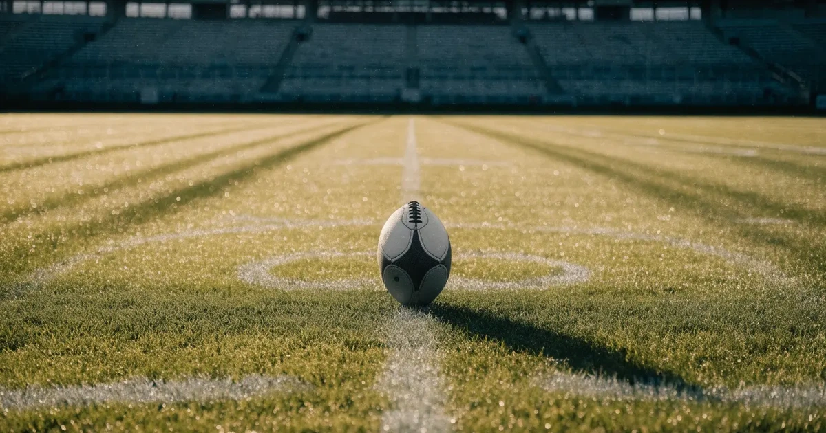 Ein Fußball liegt auf dem Anstoßpunkt eines Rasenplatzes, dahinter leere Tribünen im Licht des frühen Morgens.