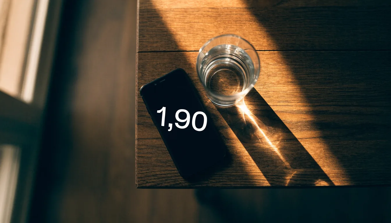 Ein Smartphone liegt mit dem Display nach unten auf einem Holztisch neben einem Glas Wasser, Abendlicht fällt durch ein Fenster.
