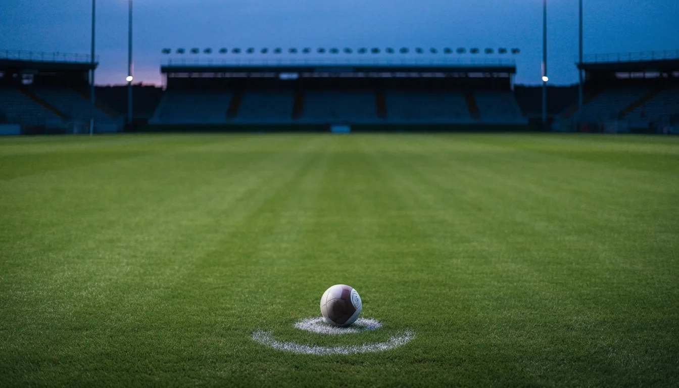 Ein Fußball liegt auf dem Anstoßpunkt eines leeren Rasenplatzes, dahinter ragen dunkle Ränge in den Abendhimmel.