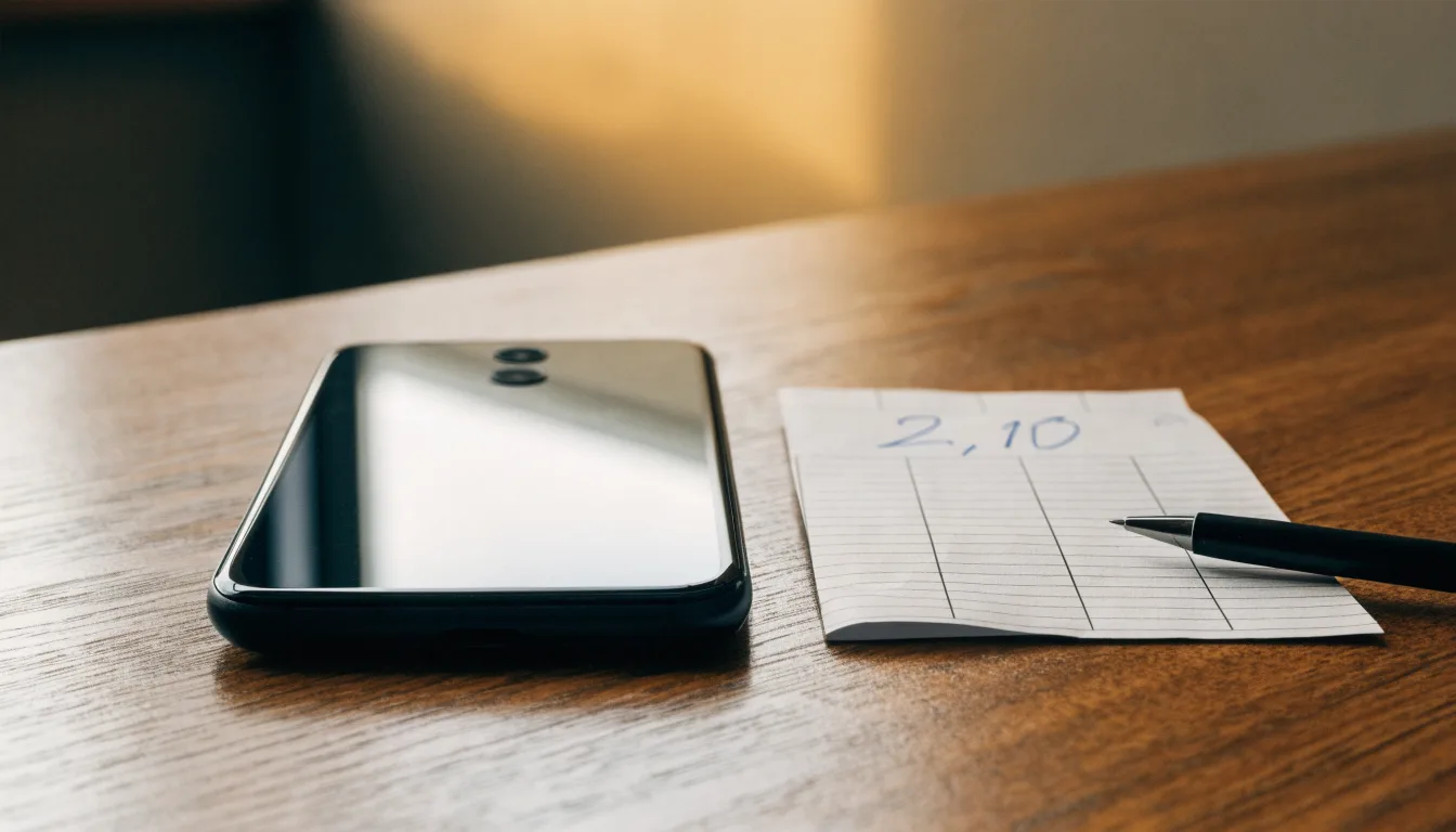 Ein Smartphone mit dunklem Display liegt neben einem leeren Papier-Wettschein und einem Stift auf einem Holztisch.