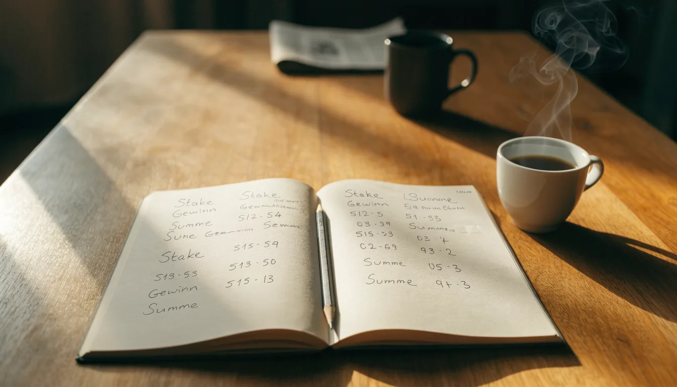 Ein Notizbuch mit handschriftlichen Notizen und einem Bleistift liegt auf einem Tisch, daneben steht eine Kaffeetasse im Morgenlicht.