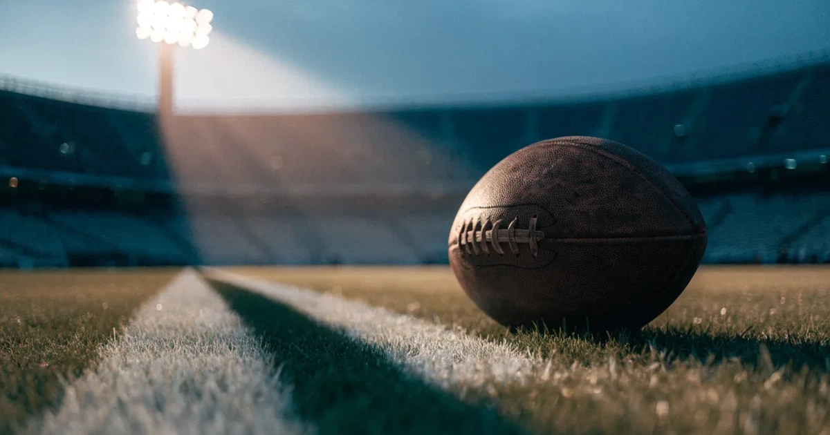 Ein American-Football-Ball liegt auf einem Rasenplatz unter Flutlicht, im Hintergrund eine große Tribüne in der Dämmerung.