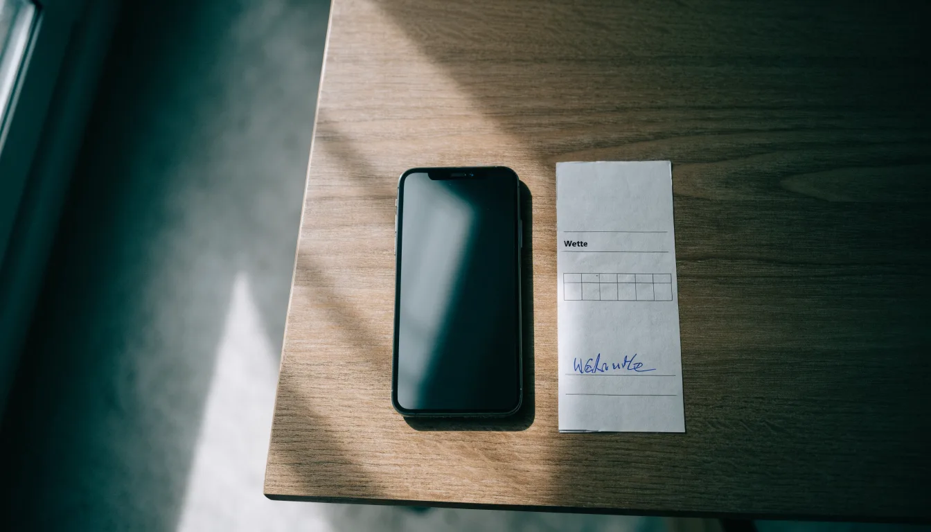 Ein Smartphone liegt mit dunklem Display auf einem Holztisch neben einem leeren Papier-Wettschein, Licht fällt von einem Fenster.