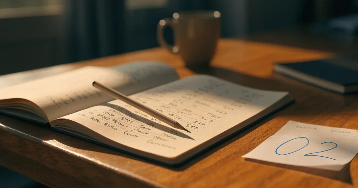 Ein Notizbuch mit handschriftlichen Notizen und einem Bleistift liegt neben einem Taschenrechner auf einem aufgeräumten Schreibtisch.