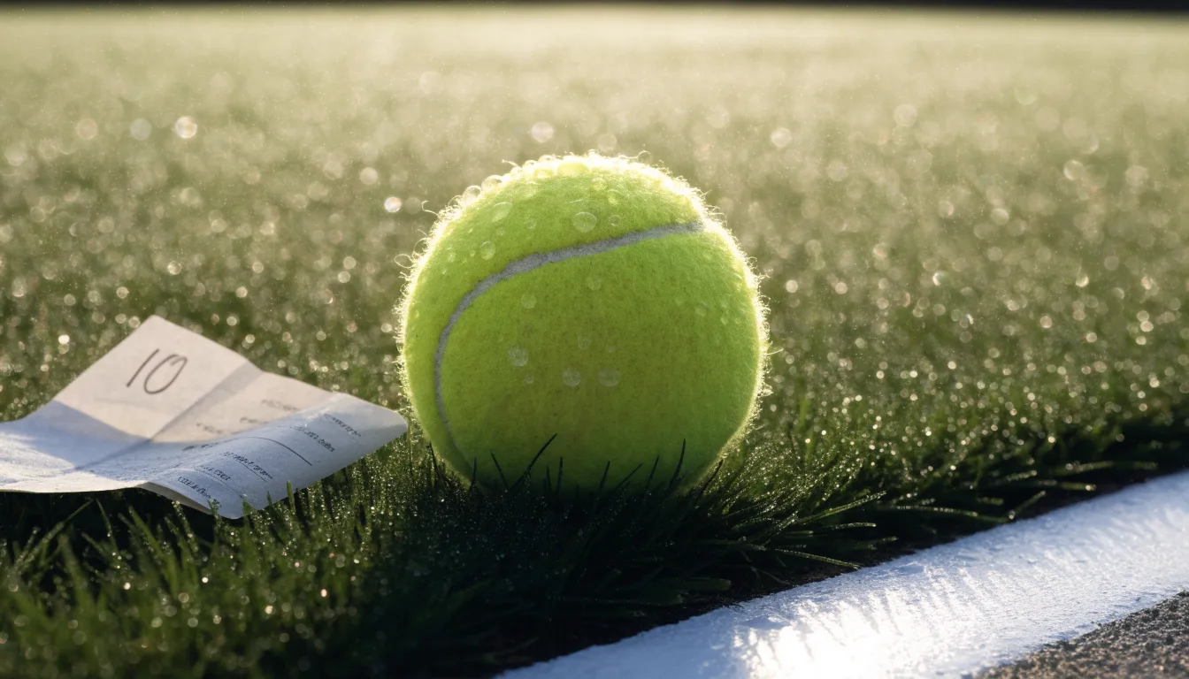 Ein Tennisball liegt auf frisch gemähtem Gras neben einer weißen Linie, Tautropfen glänzen im Gegenlicht.