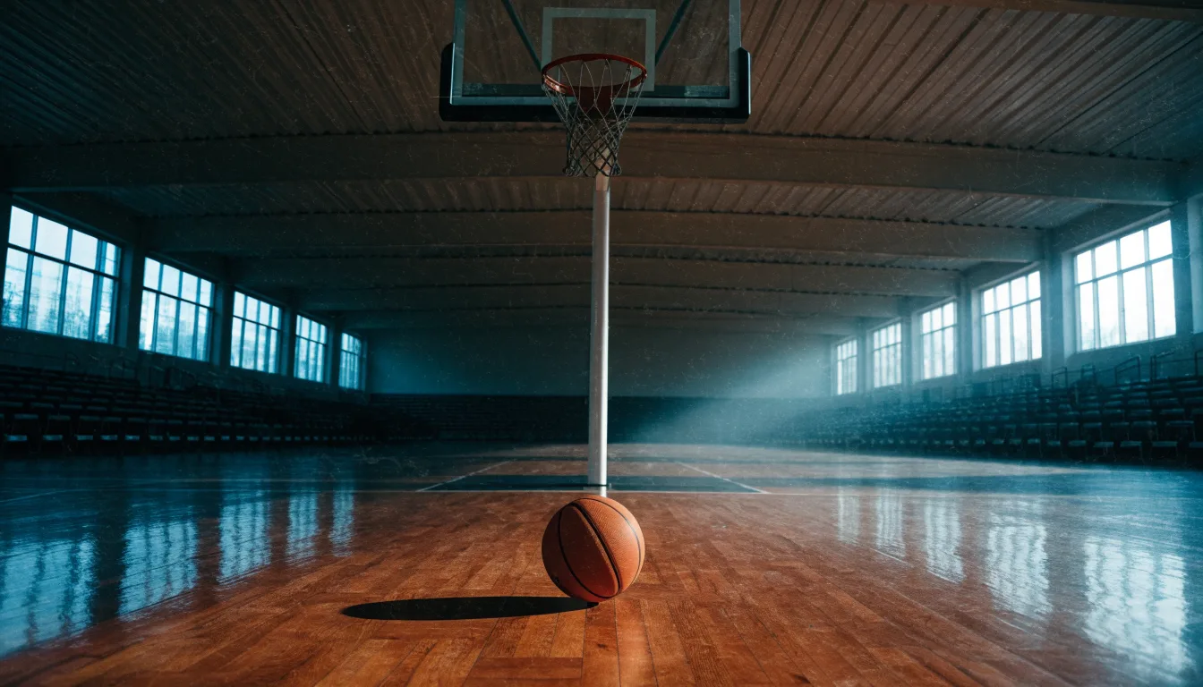 Ein Basketballkorb in einer leeren Halle, der Ball liegt unter dem Brett auf dem Parkett.