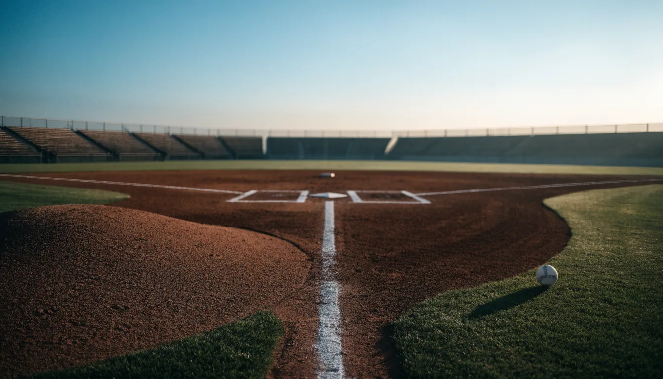 Ein Baseballfeld mit leerem Infield im Morgenlicht, die Linien frisch gezogen, keine Spieler im Bild.