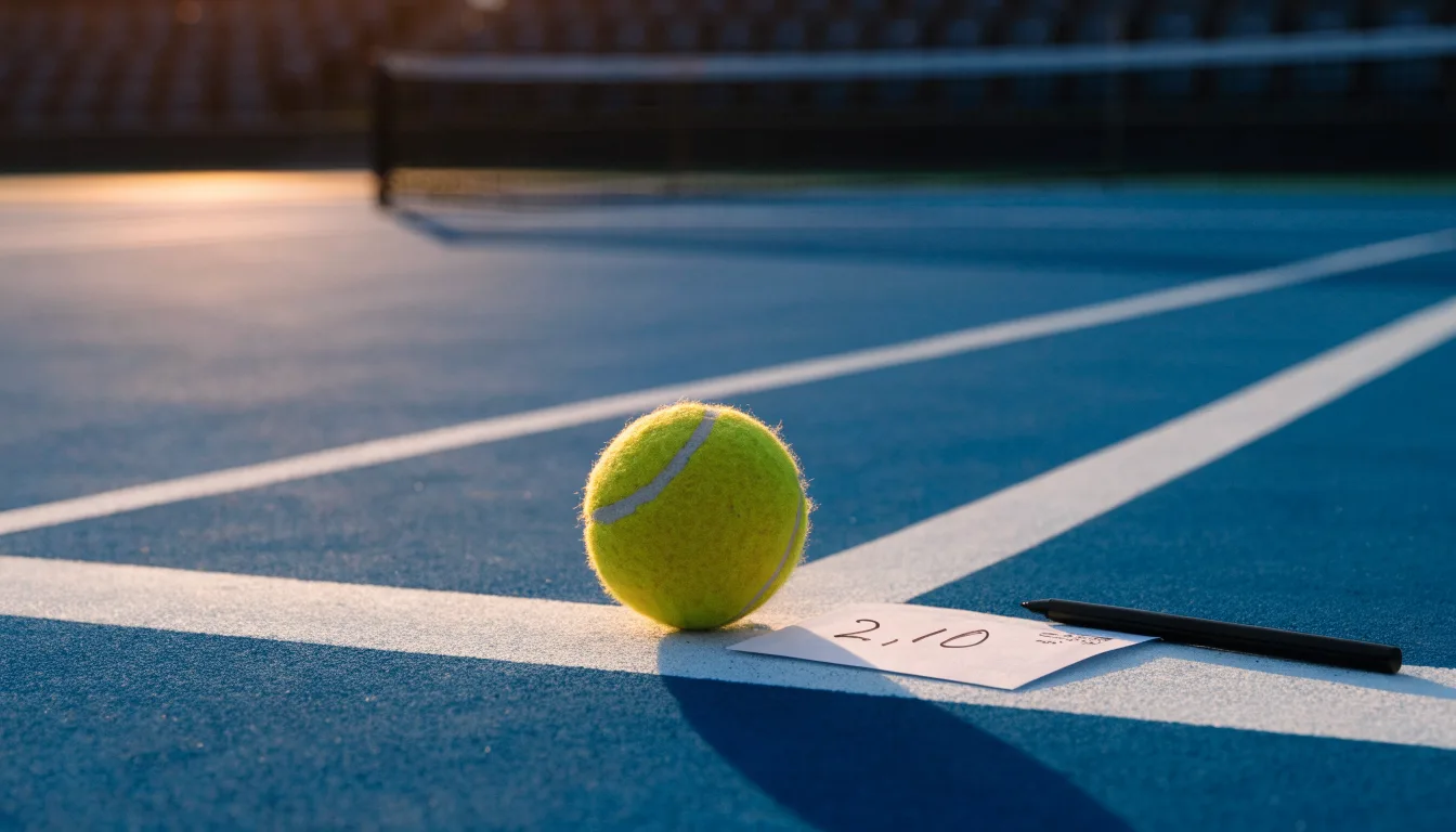 Ein Tennisball liegt in Nahaufnahme auf einer Grundlinie, dahinter verschwimmt ein leerer Platz in warmem Licht.