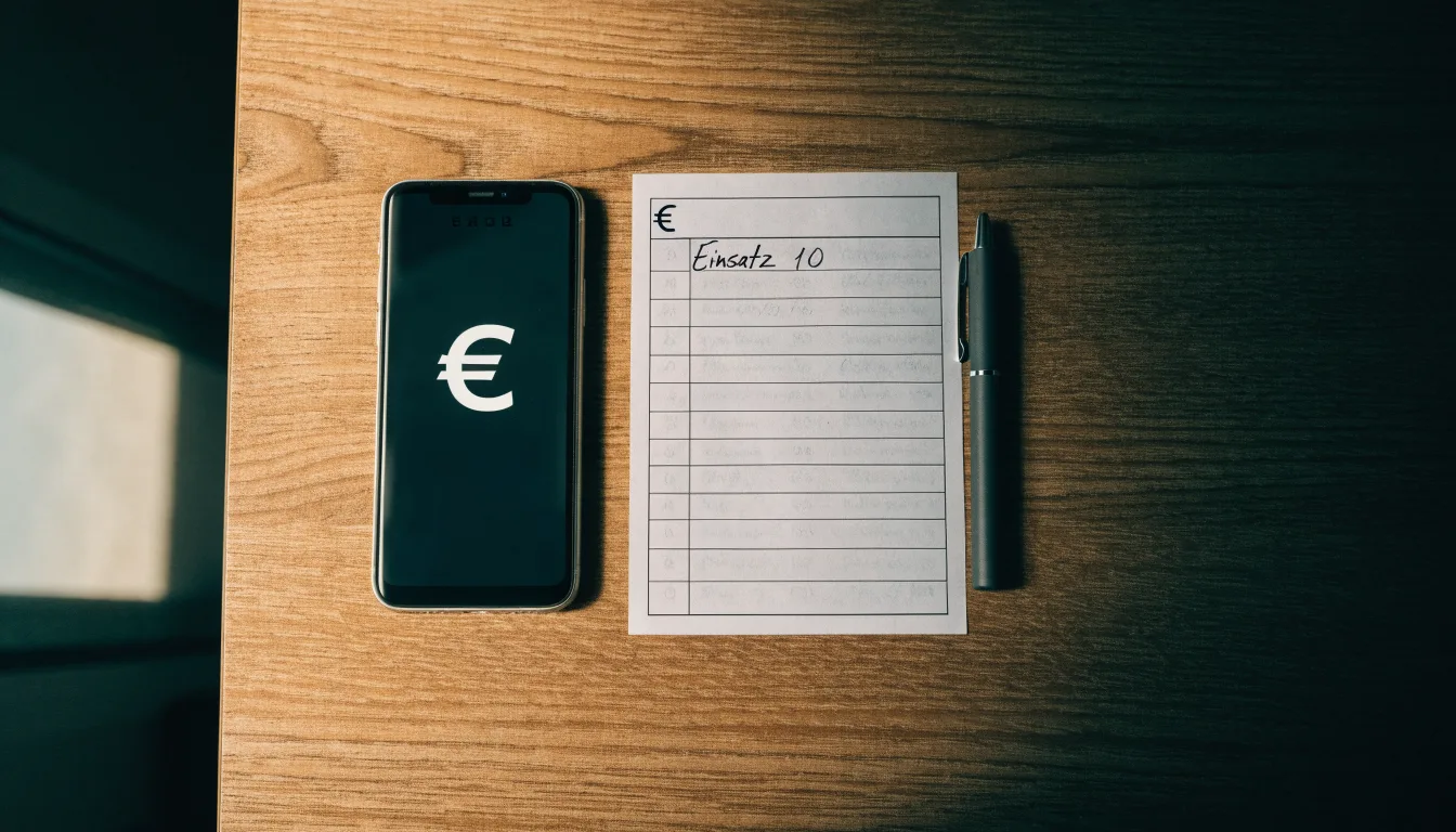 Ein Smartphone mit dunklem Display liegt neben einem leeren Papier-Wettschein auf einem Tisch, Licht fällt von der Seite.