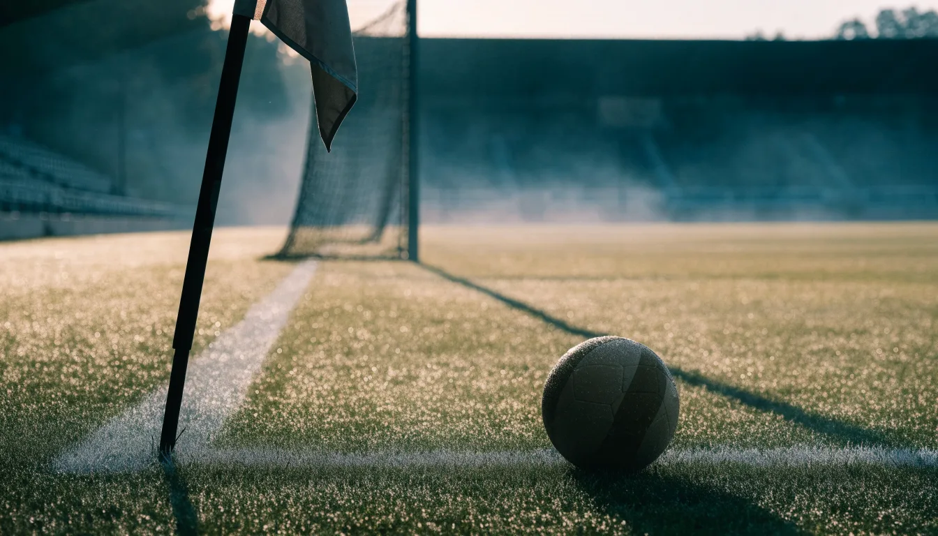 Ein Fußball liegt auf Rasen neben einer Eckfahne ohne Aufdruck auf einem leeren Platz im Morgenlicht.