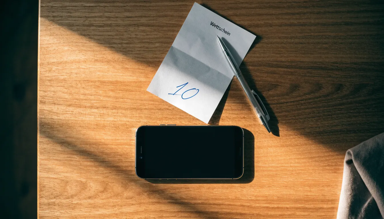 Ein Smartphone liegt mit dunklem Display neben einem leeren Papier-Wettschein und einem Stift auf einem Holztisch.
