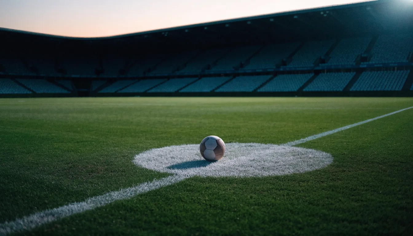 Ein Fußball liegt auf dem Anstoßpunkt eines Rasenplatzes, dahinter eine leere Tribüne im Abendlicht.