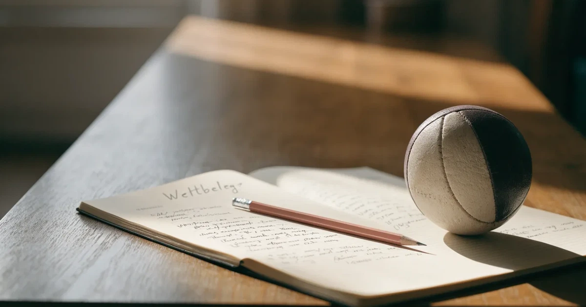 Ein Notizbuch mit handschriftlichen Notizen und einem Bleistift liegt auf einem Holztisch, daneben ein kleiner Fußball im Tageslicht.