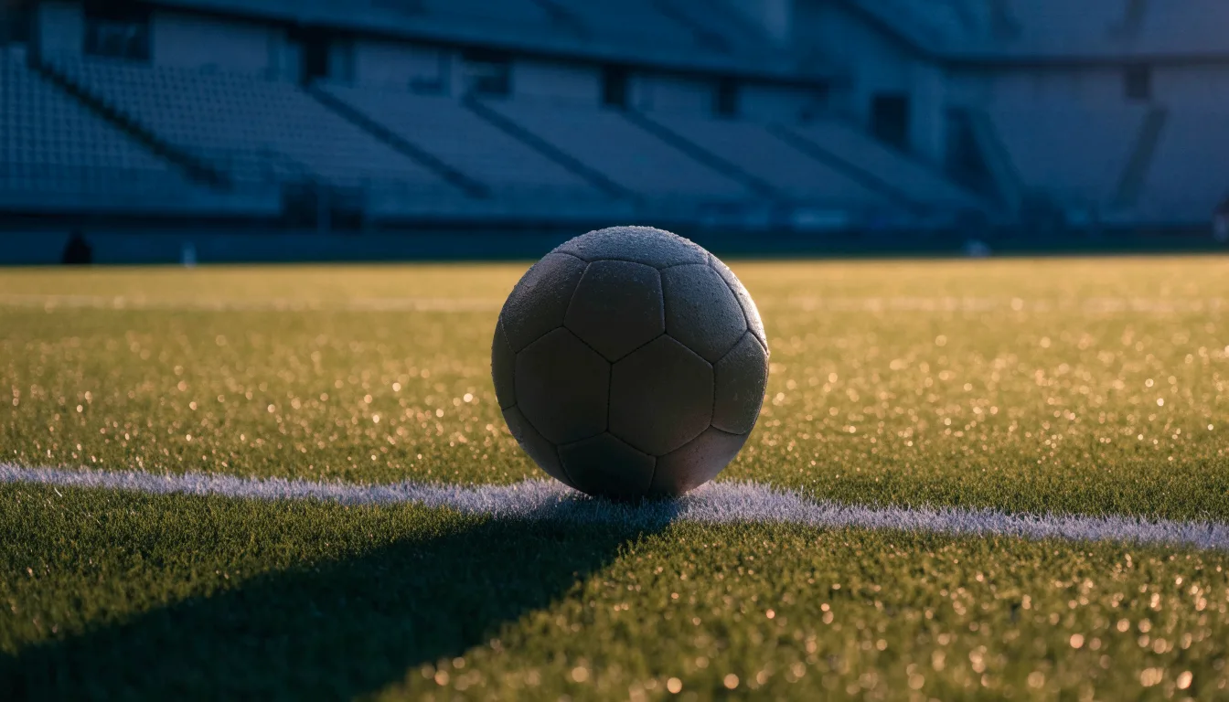 Ein Fußball liegt auf dem Anstoßpunkt eines Rasenplatzes, dahinter eine leere Tribüne im Abendlicht.