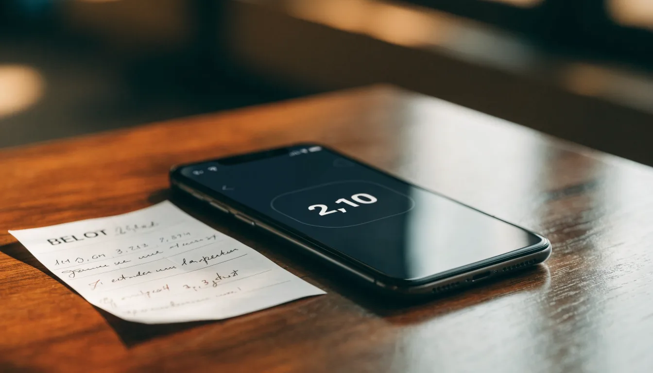 Ein Smartphone mit dunklem Display liegt neben einem leeren Papier-Wettschein auf einem Holztisch, Licht fällt von der Seite.