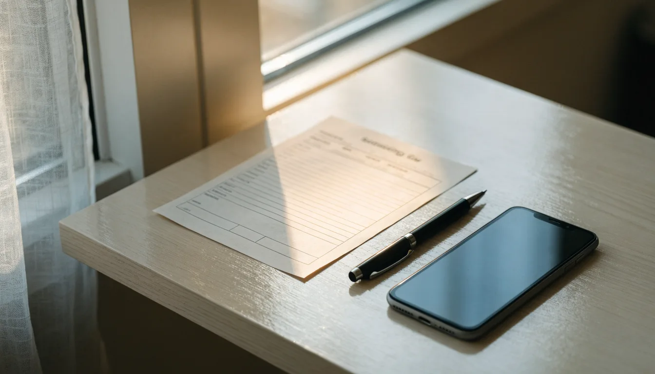 Ein leerer Papier-Wettschein und ein Kugelschreiber liegen neben einem Smartphone mit dunklem Display auf einem Schreibtisch am Fenster.