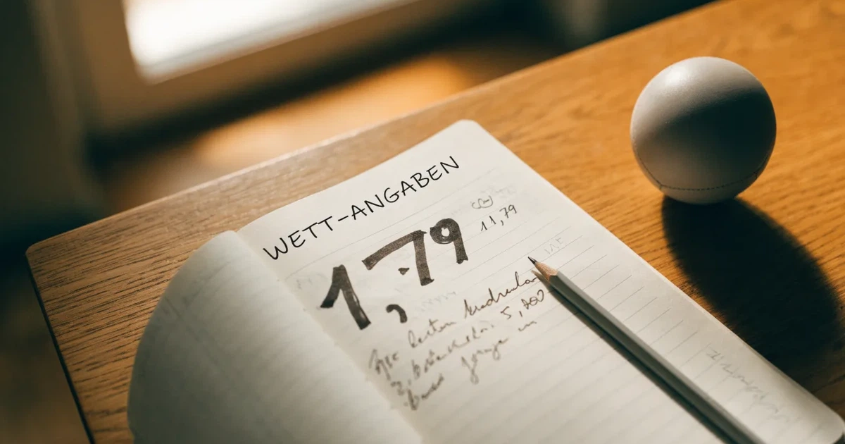 Ein Notizbuch mit handschriftlichen Notizen und einem Bleistift liegt auf einem Holztisch, daneben ein kleiner Fußball im Tageslicht.
