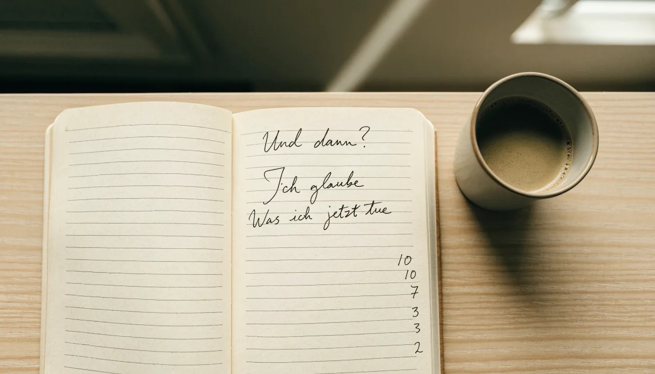 Ein Notizbuch mit handschriftlichen Notizen und ein Taschenrechner stehen auf einem Schreibtisch, daneben eine Tasse.