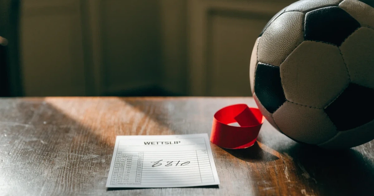 Ein kleines Geschenkband liegt neben einem Fußball und einem leeren Papier-Wettschein auf einem Holztisch im Tageslicht.