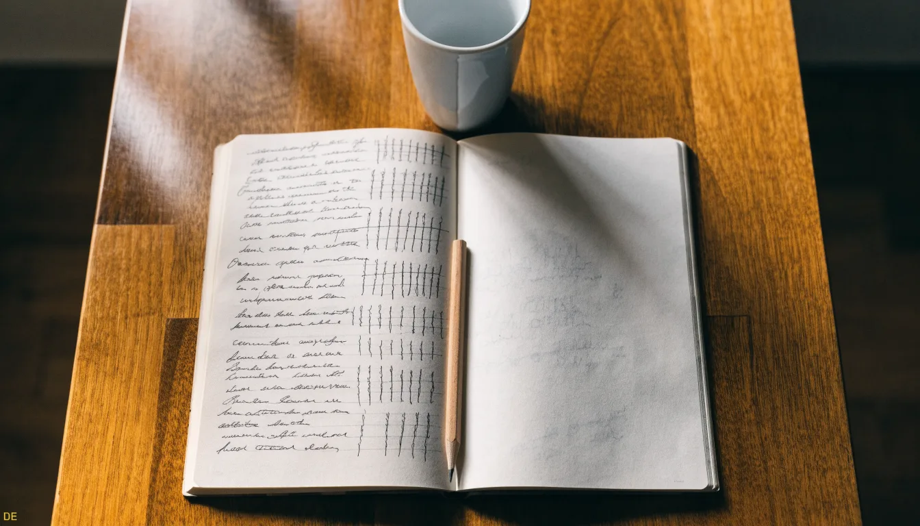 Ein Notizbuch mit handgeschriebenen Strichlisten liegt neben einem Bleistift und einer Kaffeetasse auf einem Holztisch.