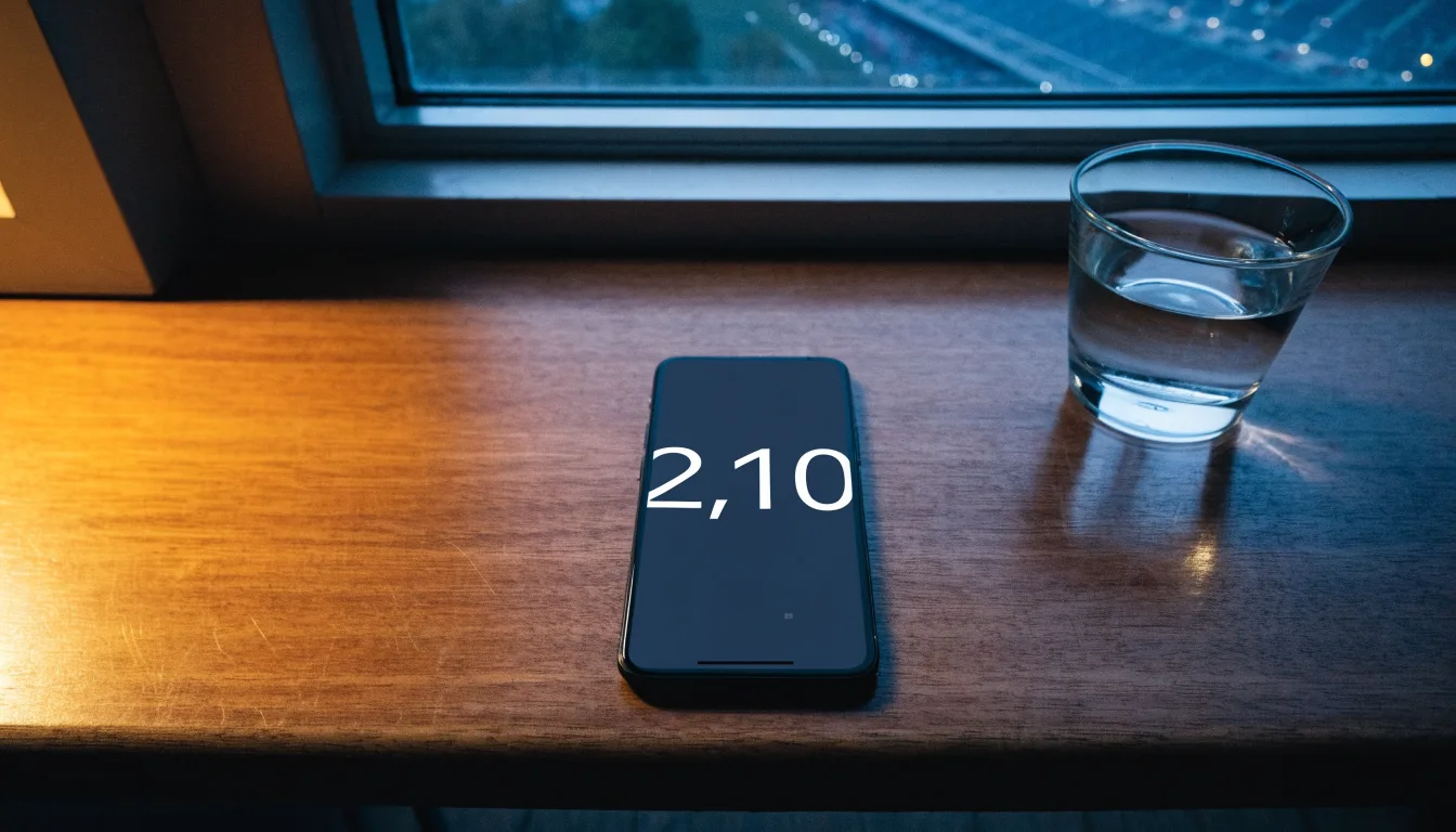 Ein Smartphone mit dunklem Display liegt auf einem Schreibtisch neben einem Glas Wasser, im Fenster dahinter ein Stadion im Dämmerlicht.
