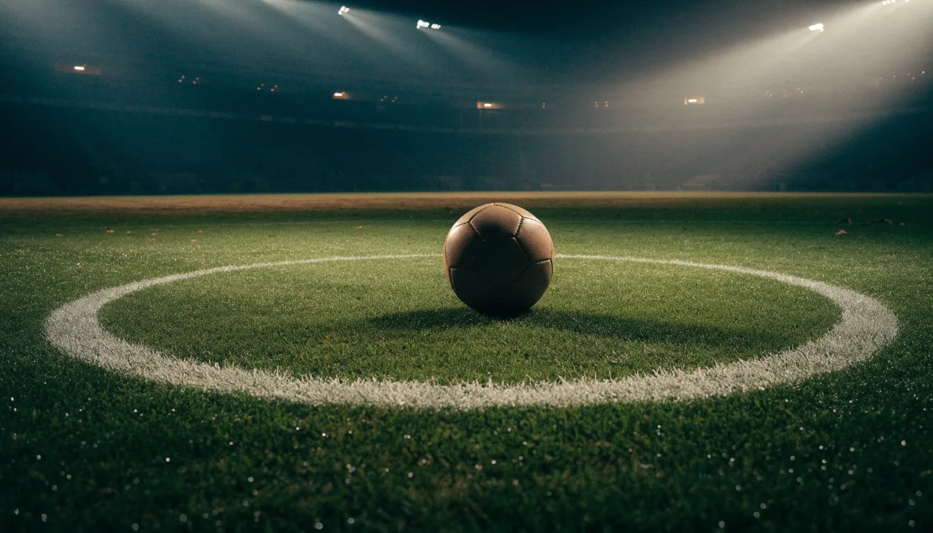 Ein Fußball liegt auf dem Mittelkreis eines leeren Rasenplatzes unter Flutlicht am frühen Abend, die Tribünen sind nur schemenhaft zu erkennen.