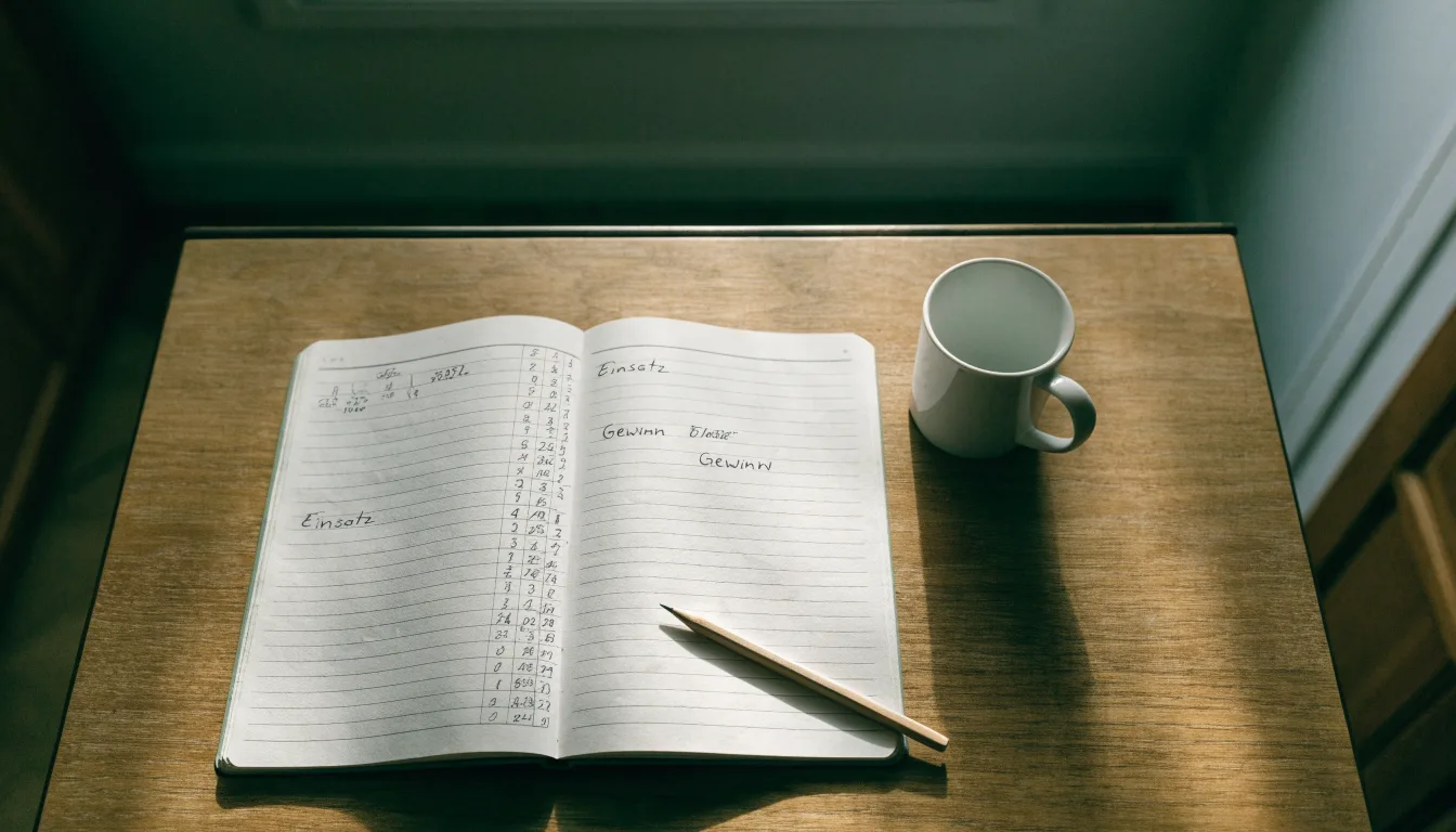 Ein Notizbuch mit handschriftlichen Zahlenreihen und ein Bleistift liegen auf einem Küchentisch neben einer Tasse.