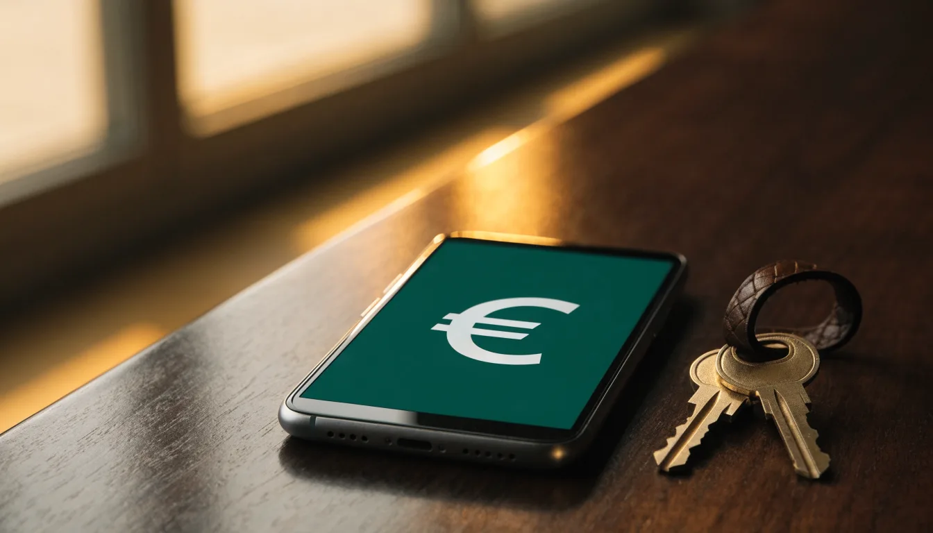 Ein Smartphone mit dunklem Display liegt auf einem Holztisch, daneben ein Schlüsselbund, im Hintergrund ein Fenster mit Abendlicht.