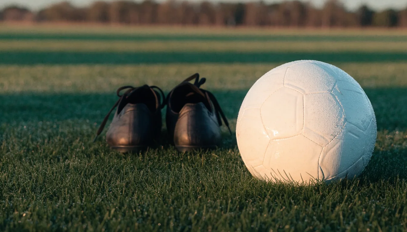 Ein Fußball auf frisch gemähtem Rasen im Morgenlicht, daneben ein Paar Fußballschuhe ohne erkennbare Marke.