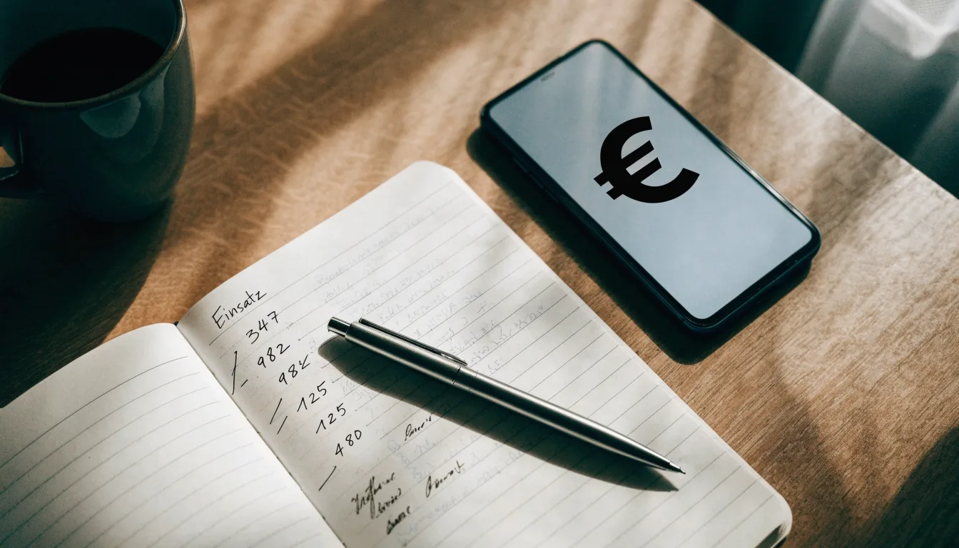 Ein Notizbuch mit handgeschriebenen Zahlen und ein Kugelschreiber liegen auf einem Tisch, daneben ein Smartphone mit schwarzem Bildschirm.