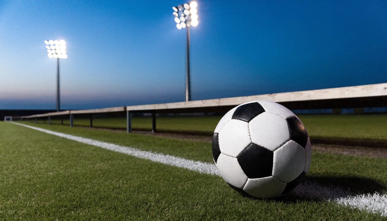 Ein Fußball liegt am Spielfeldrand neben einer leeren Ersatzbank, das Flutlicht über dem Platz leuchtet in der Dämmerung.