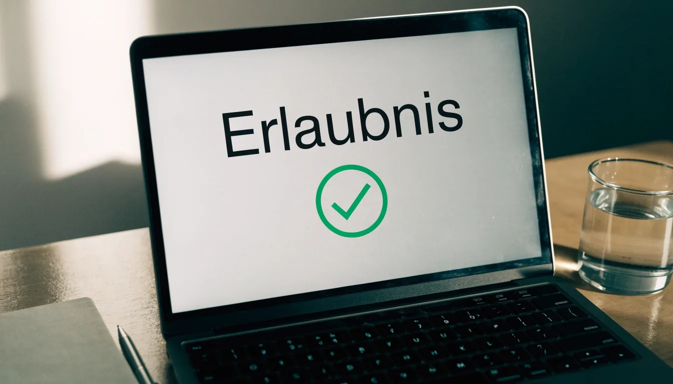 Ein Laptop mit dunklem Bildschirm steht aufgeklappt auf einem Schreibtisch, daneben ein Notizbuch und ein Glas Wasser.