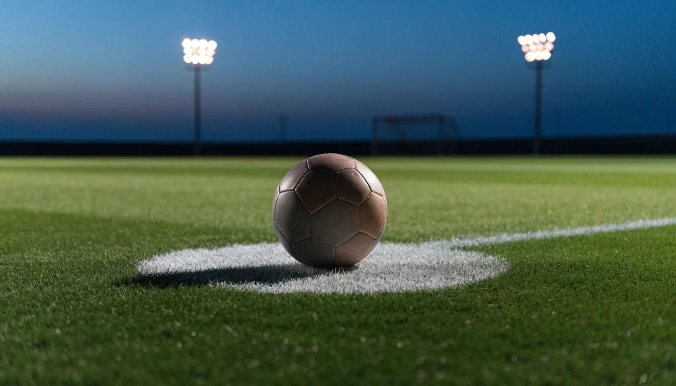 Ein Fußball liegt auf dem Anstoßpunkt eines Rasenplatzes in der Abenddämmerung, Flutlichtmasten stehen unscharf im Hintergrund.