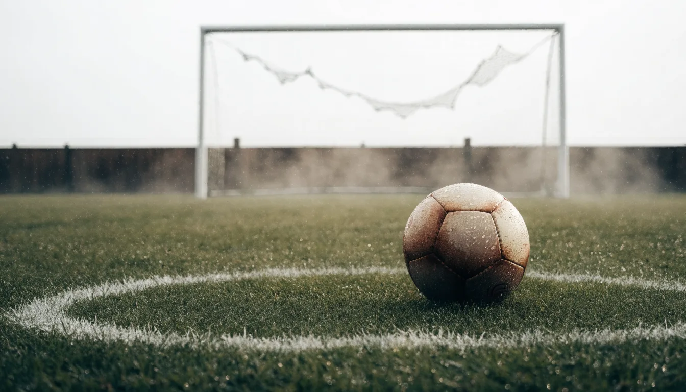Ein Fußball liegt auf dem Elfmeterpunkt eines nassen Rasenplatzes, im Hintergrund ein leeres Tor im Nebel.