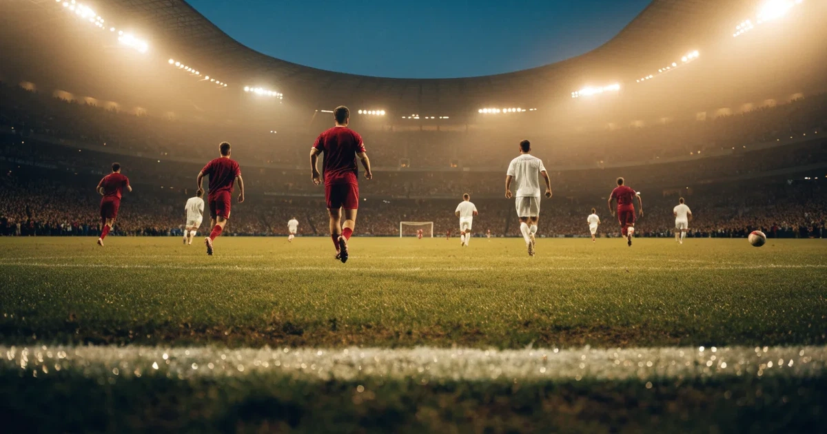 Ein großes Fußballstadion mit hell erleuchtetem Rund, aus der Ferne am Abend gesehen, davor eine breite Allee mit Laternen.