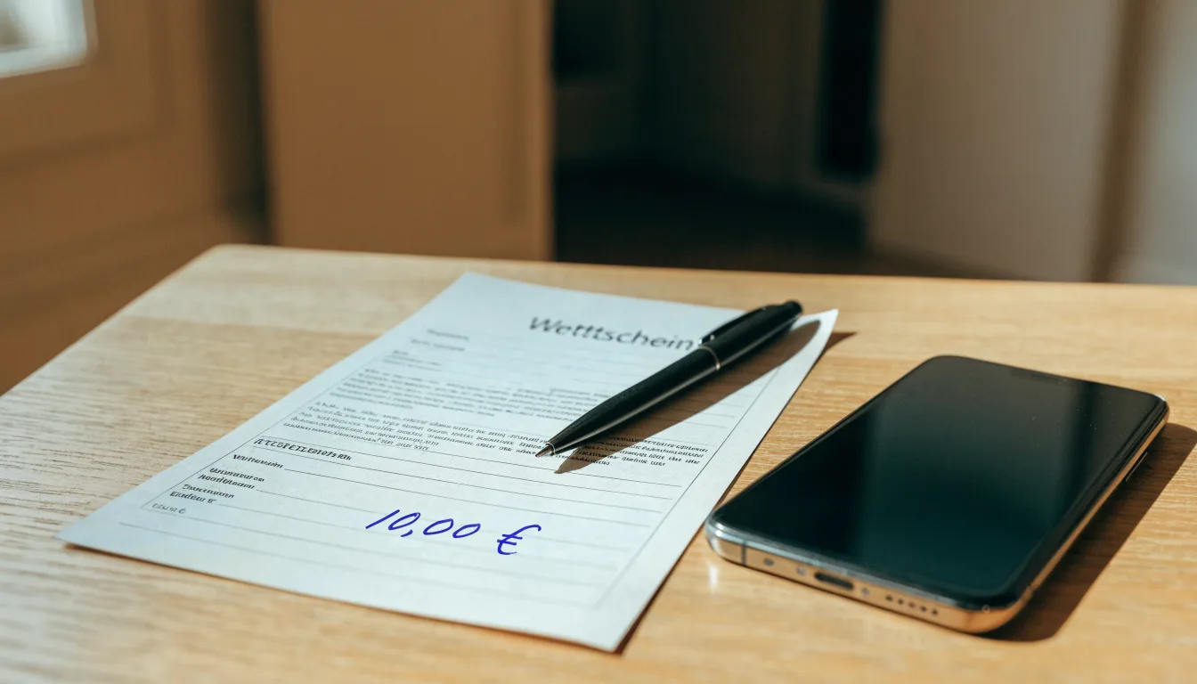 Ein leerer Papier-Wettschein und ein Kugelschreiber liegen auf einem Holztisch neben einem schwarzen Smartphone.