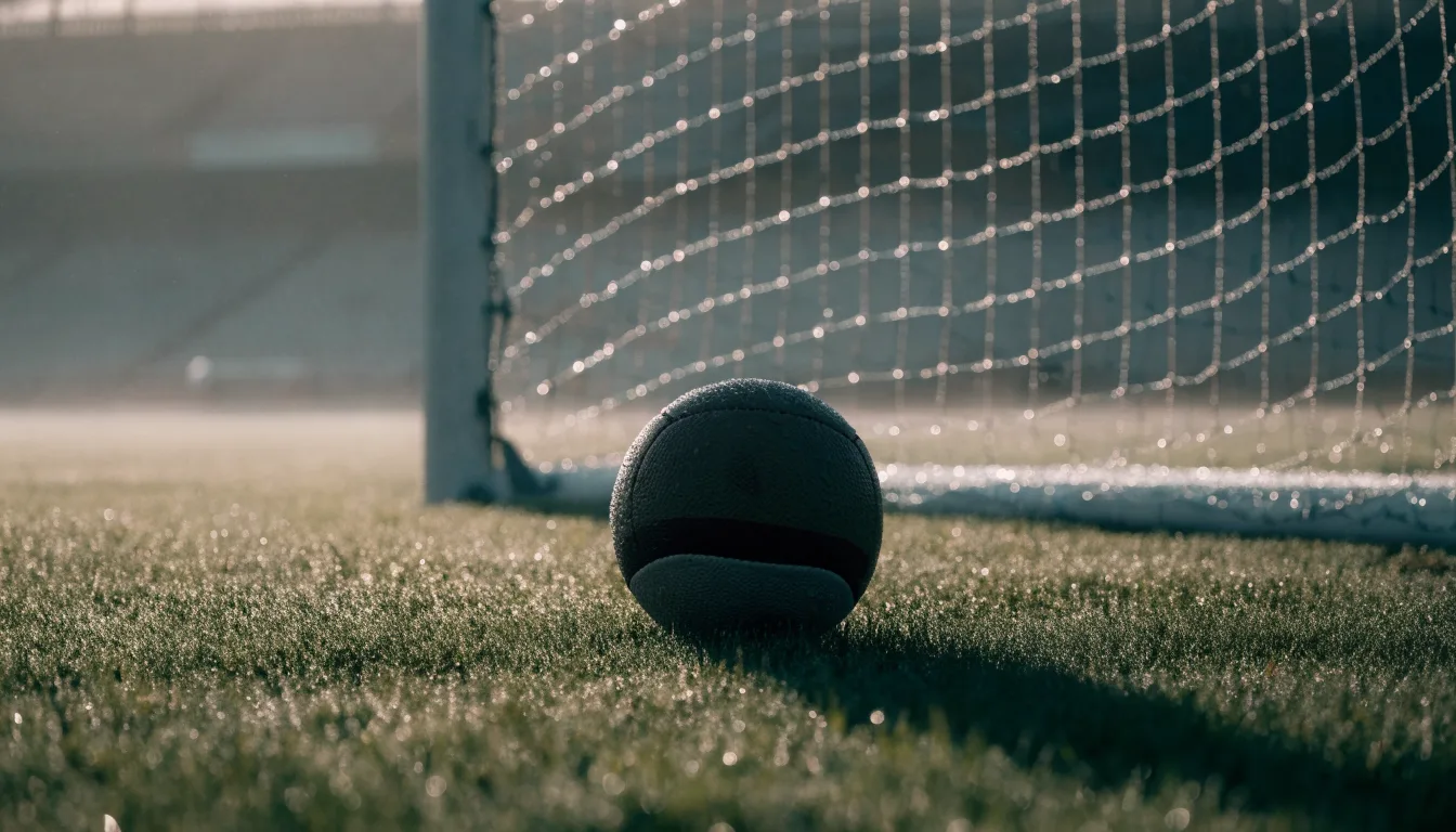 Ein Fußball liegt auf dem Rasen vor einem Tor im Morgennebel, die Netzmaschen sind taufeucht.