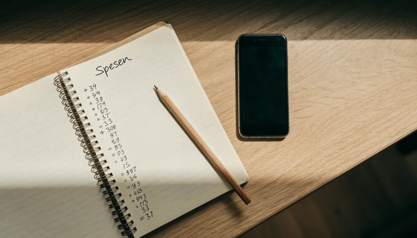 Ein Notizbuch mit handschriftlichen Zahlenreihen liegt neben einem Bleistift und einem Smartphone mit dunklem Display auf einem Tisch.