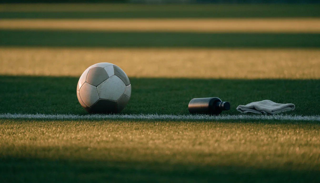 Ein Fußball auf einer Wiese neben der Seitenlinie, daneben eine Trinkflasche ohne Aufdruck und ein Handtuch.