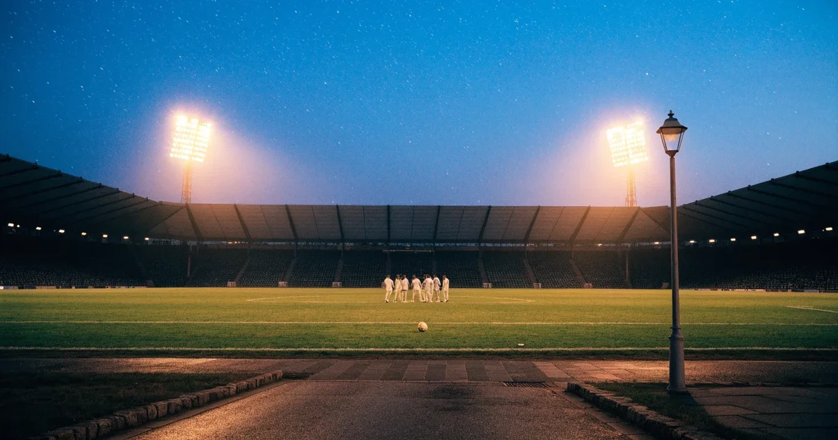 Ein Fußballstadion in der Dämmerung aus der Ferne, die Flutlichter gerade eingeschaltet, davor ein Kreisverkehr mit Laternen.