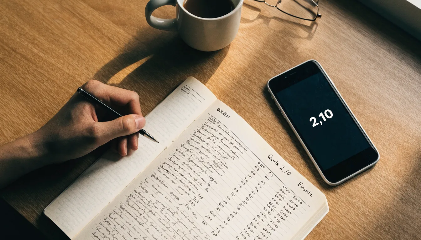 Ein Notizbuch mit handschriftlichen Notizen und ein Taschenrechner liegen auf einem Schreibtisch neben einem Smartphone mit dunklem Display.