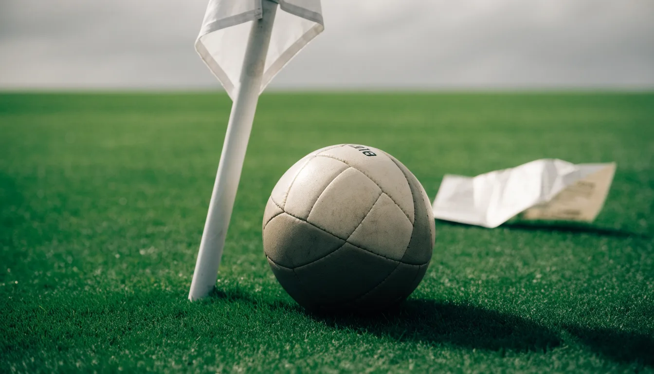 Ein Fußball liegt neben einer Eckfahne auf kurz gemähtem Rasen unter bewölktem Himmel.